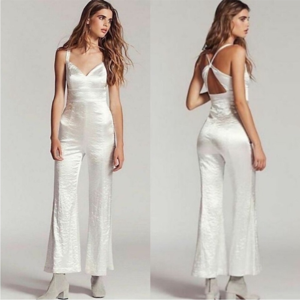 Free People Silver Crush Satin Wide Leg Jumpsuit White 6 NWT